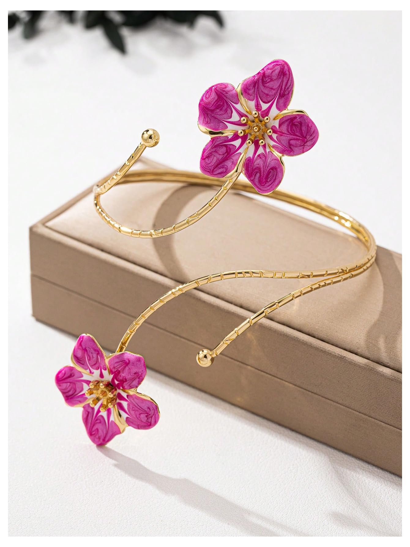MakeMeChic Beach Gold Arm Cuff Jewelry for Women Bangle Band Armlet Flower Upper Arm Cuff Bracelet Summer Beach Essentials Hot Pink One-Size