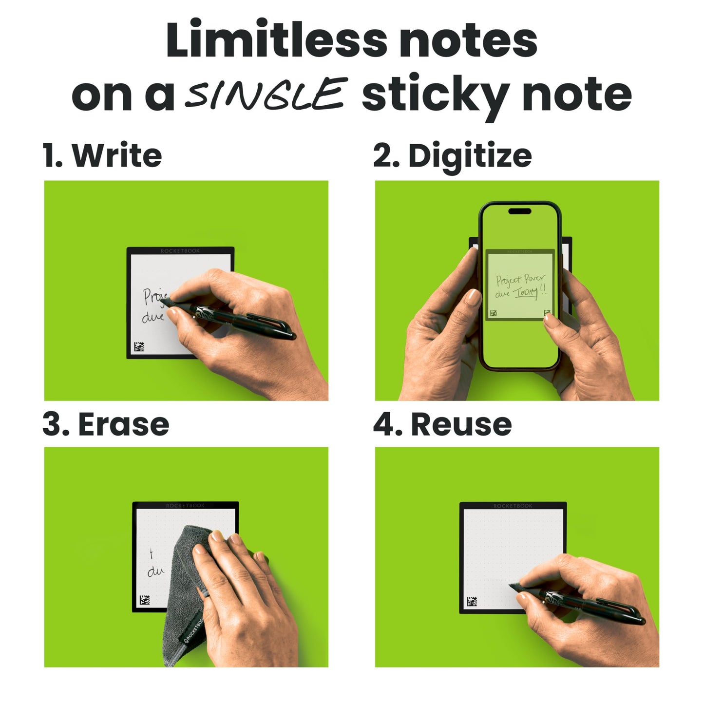Rocketbook Reusable Sticky Notes Starter Pack, Restick and Reorganize Memo Pads, 3"x3", 15 Black Sticky Notes, Includes Pen, Towel + Carrying Case (Kit of 1)