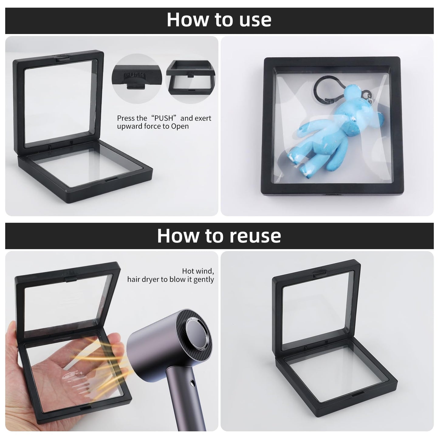 20 Pcs Black 3D Floating Display Case 3.5 x3.5X 0.8 inch, Challenge Coin Display,Transparent PE Jewelry Storage Box, Floating Display Holder Stands for Antique Challenge Coins, Medallion, Stamps