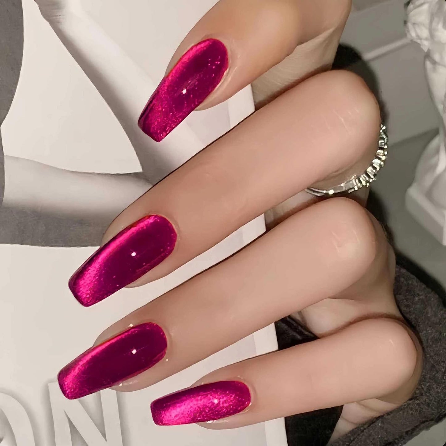 MISUD Press on Nails - Long Coffin Fake Nails with Summer Hot Pink Cat Eye, Acrylic Bling Glitter Design 24 pcs