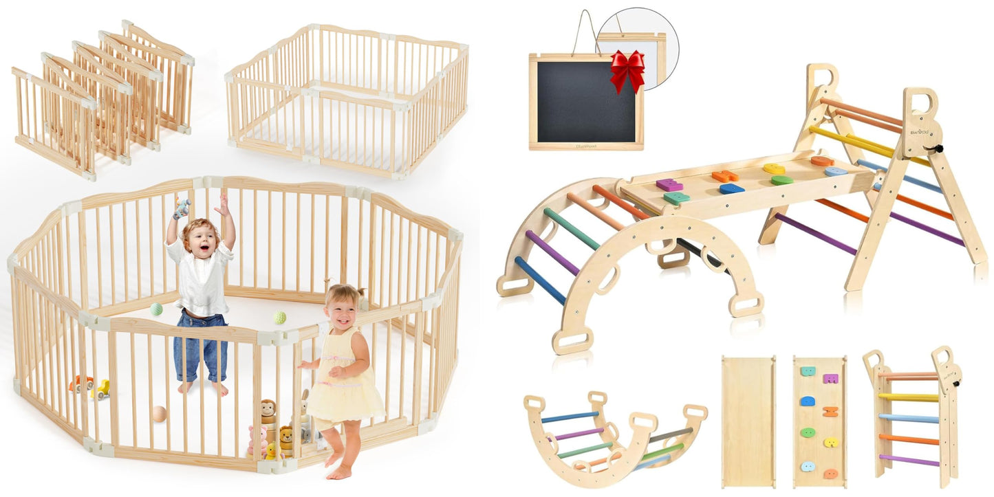 7-in-1 Foldable Wooden Toddler Climbing Toys, Foldable Wooden Playpen - Adjustable Wood Baby Play Yard with Child-Proof Lock