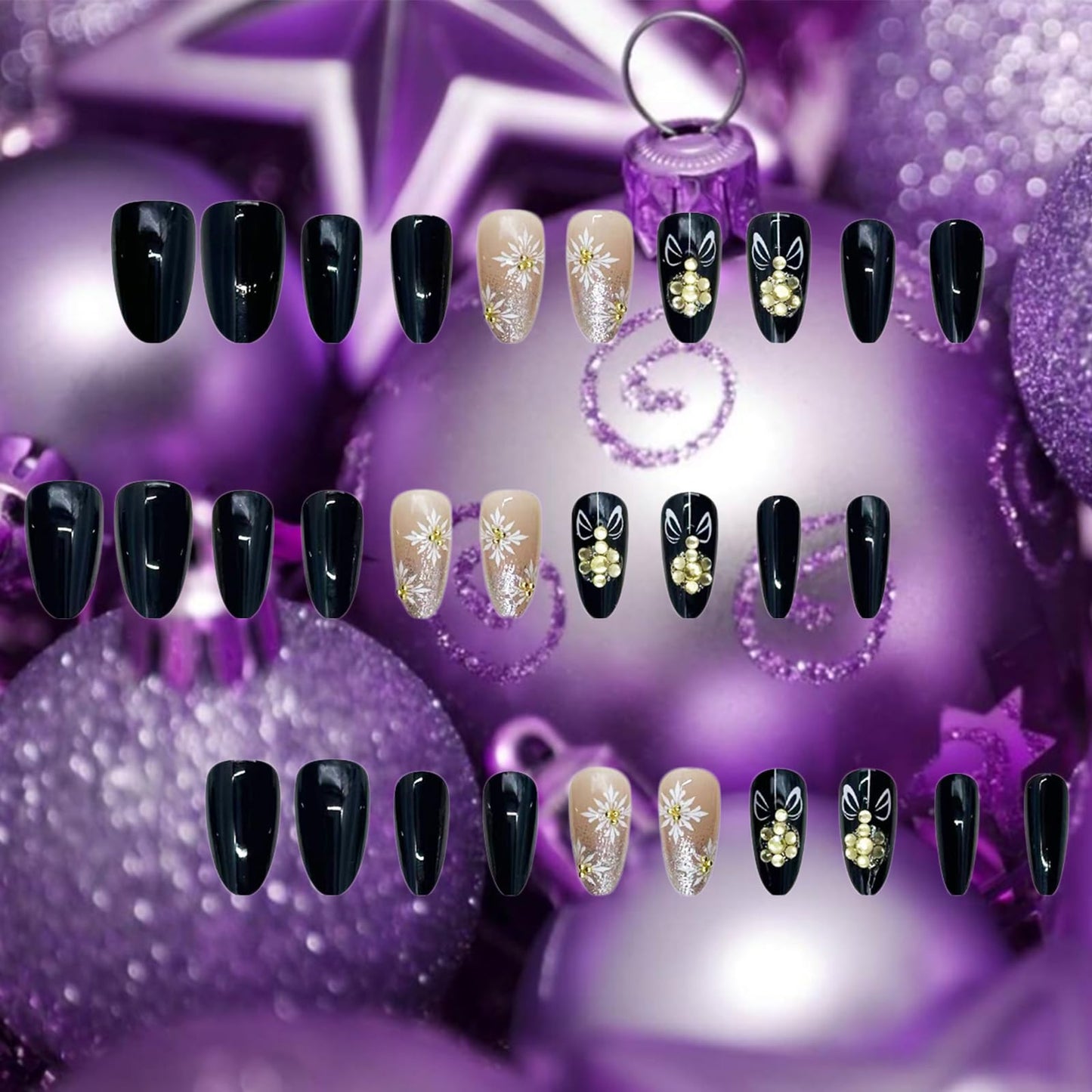 Snowflake Press on Nails Bell Stick on Fingernails Christmas Press ons Medium Almond Nail Glossy Silver Glitter False Nail 24Pcs Bow Tie Gel Glue on Acrylic Fake Nails for Holiday Women