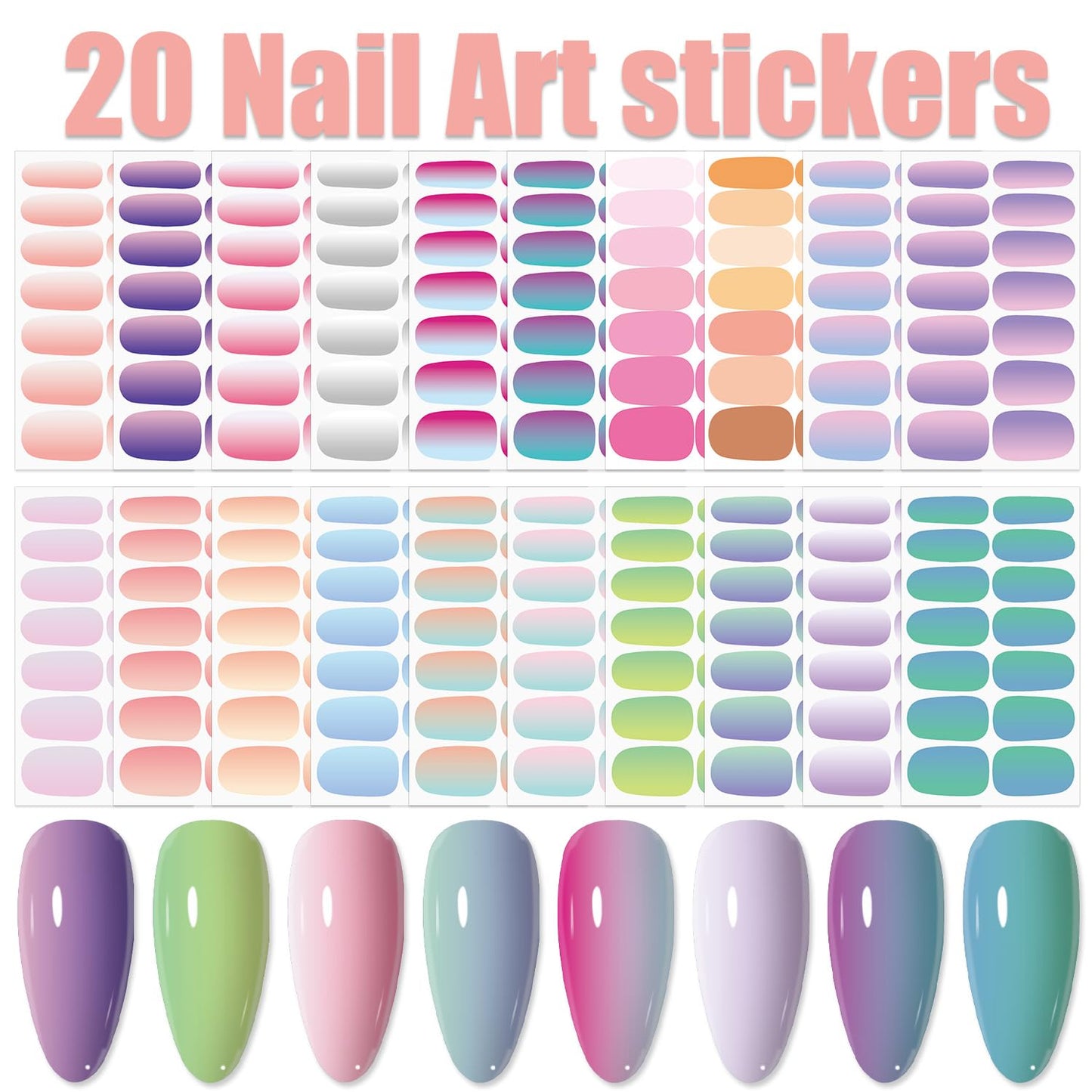 WOKOTO 20 Sheets 280 Pieces 3D Solid Gradient Cat Eye Nail Polish Strips, Gel Nail Stickers Full Wraps Press On Nails for Women Nail Art Gel Stickers Wraps Stick On Nails Polish Stickers