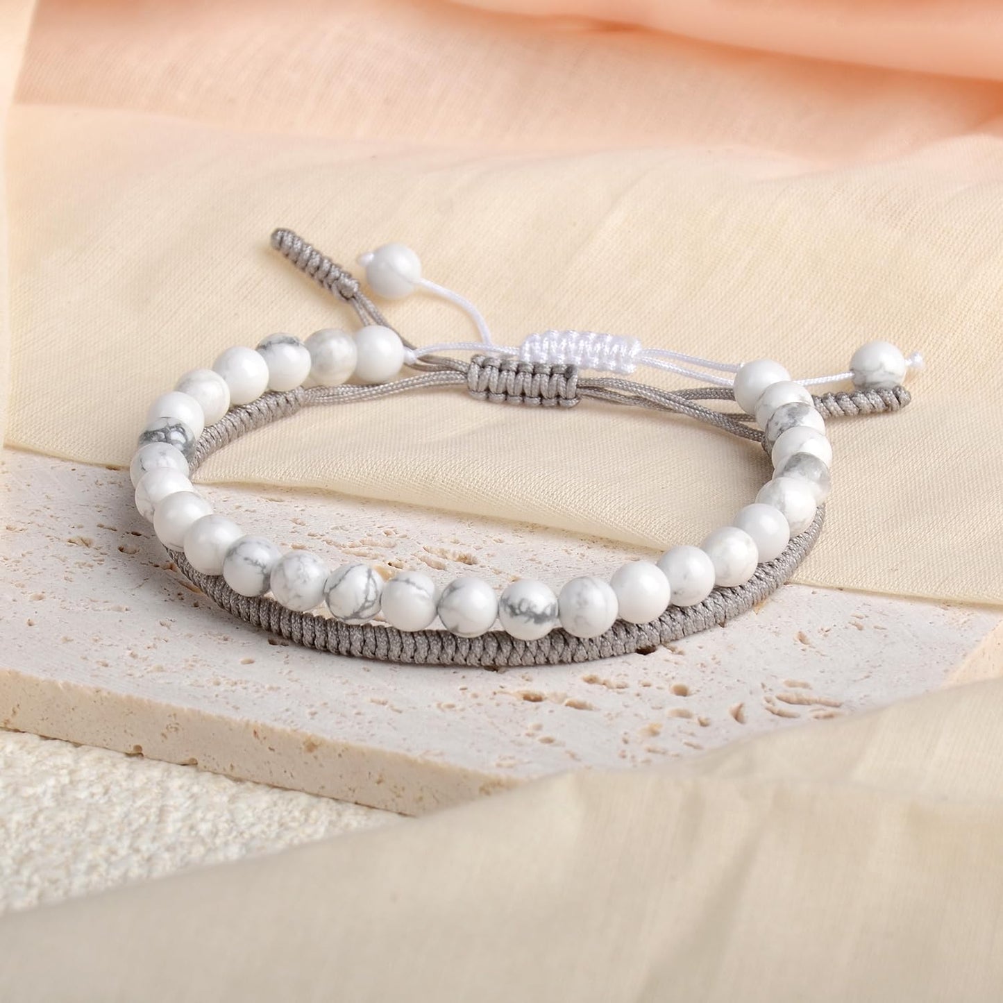 LPBeads 6mm White Howlite Bracelet with Handmade Rope Bracelet Size Adjustable Natural Stone Crystal Healing Bracelets Gifts for Unisex Adults