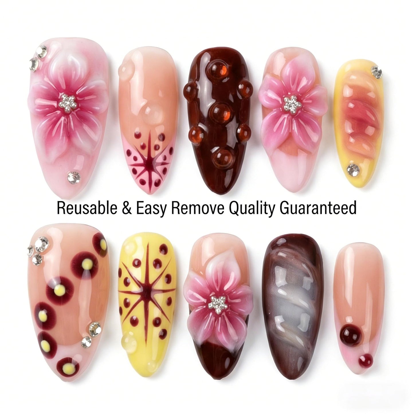 Handmade Press on Nails Almond Shape 3D Cute Glue on Nails for Women, Luxury Homemade Press on Nail Art Design, Fake Nails with 3D Nail Charms Size M 7