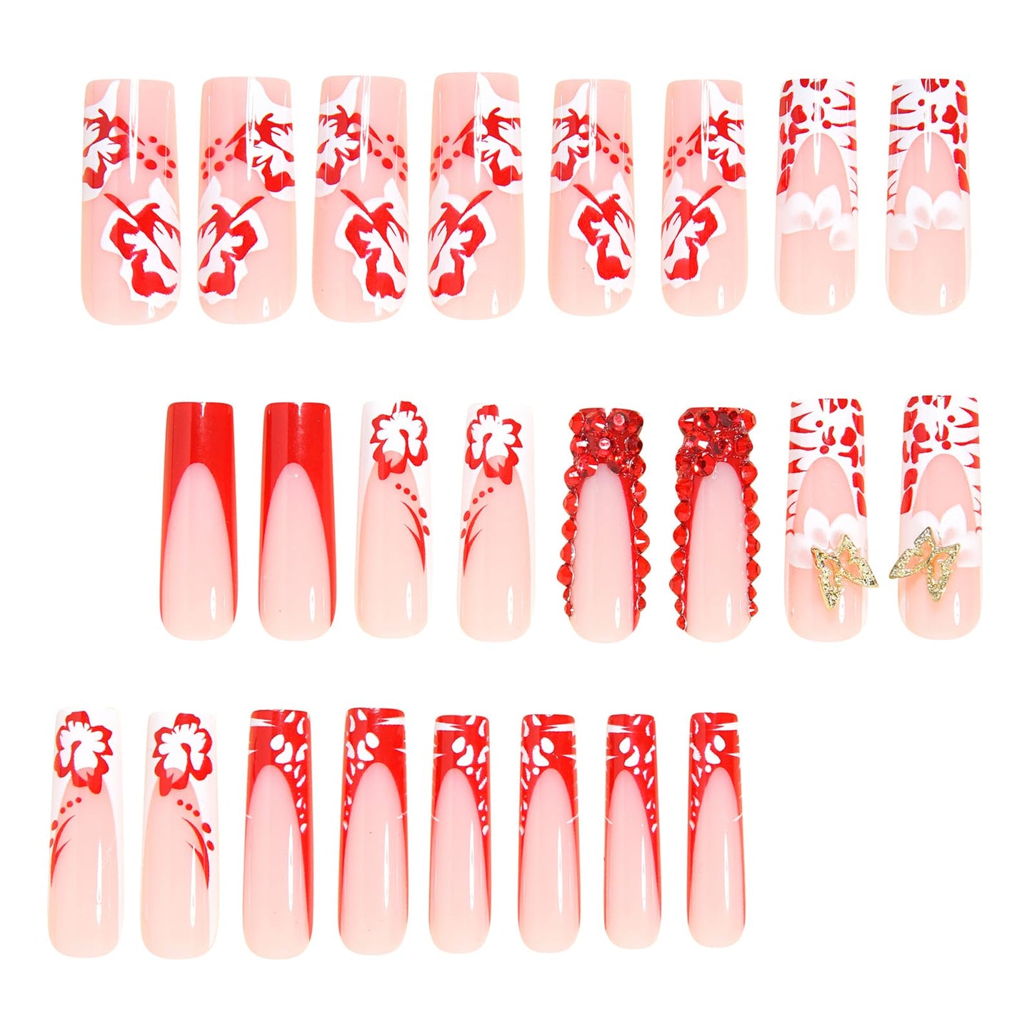 MISUD Press on Nails - Long Square Fake Nails with Red White French Tip, Acrylic Flower Butterfly Rhinestone Design 24 pcs