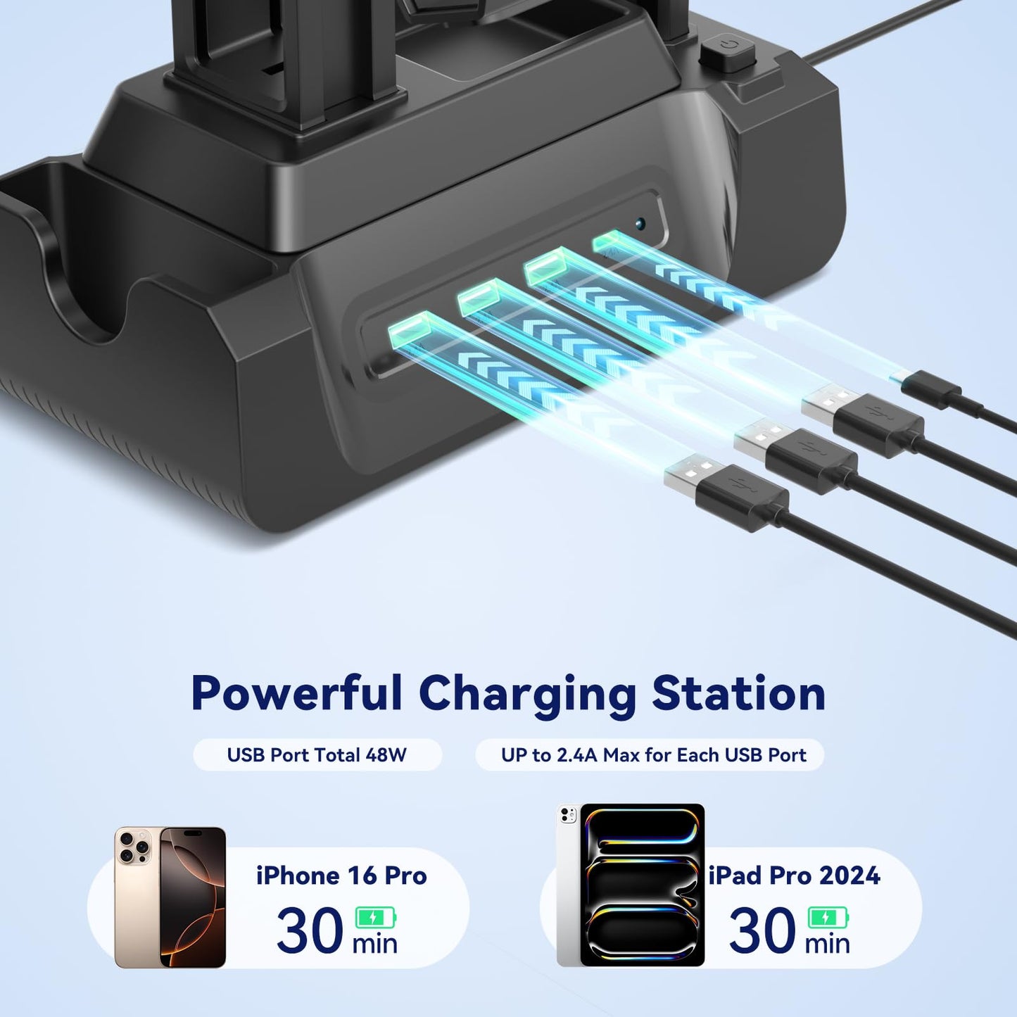 KDD Charging Station for Multiple Devices - 4 Ports Charging Dock with Controller and Headset Stand - 3 USB A & 1 USB C for Cellphone Tablet and Other Electronic - Multi Storage for Gaming Accessories