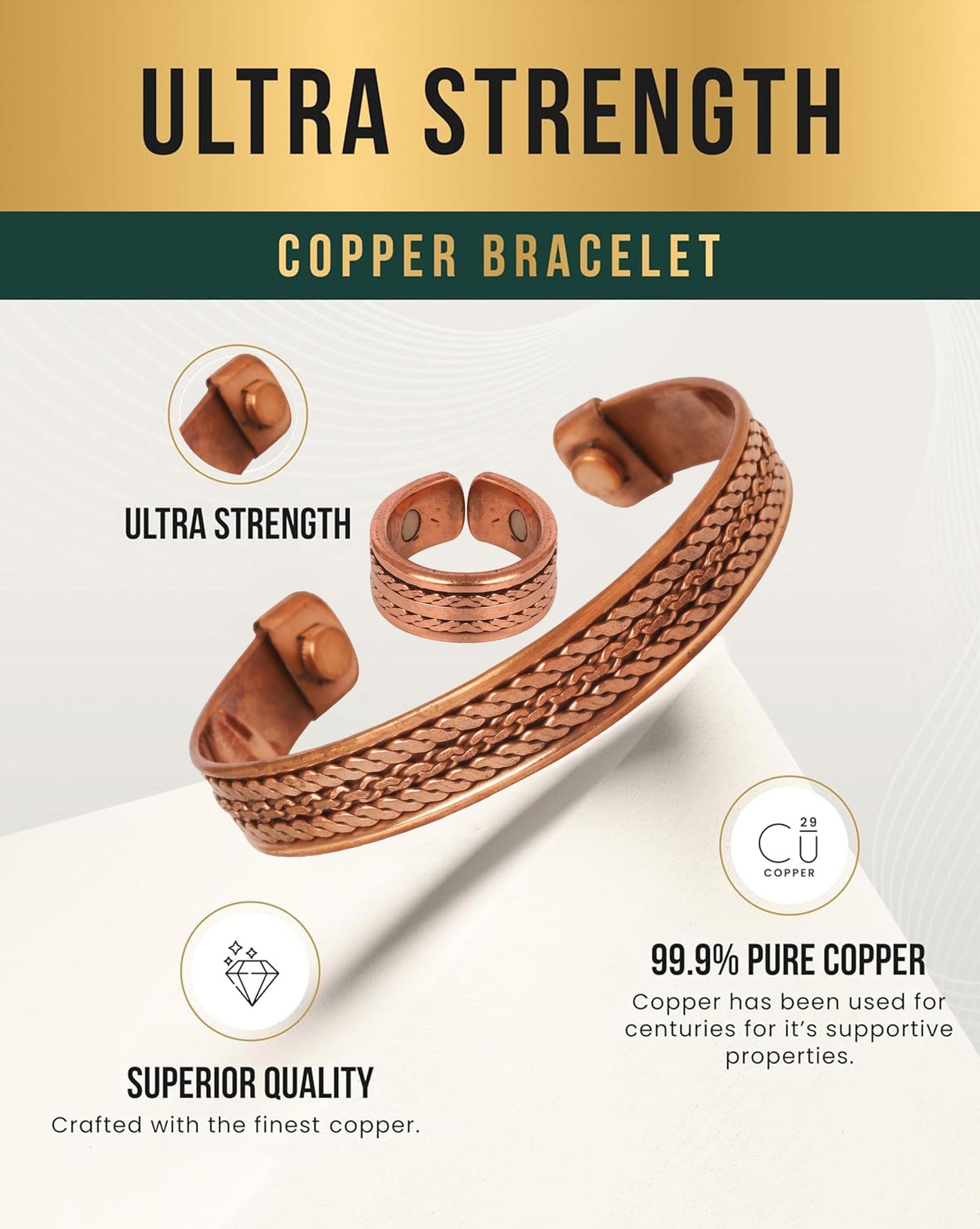 Touchstone Handcrafted Copper Magnetic Hand Forged With Solid And High Gauge Spiral Wire Braided Minimalistic 3 Bracelets And Matching Finger Combo In Two Tones For All.