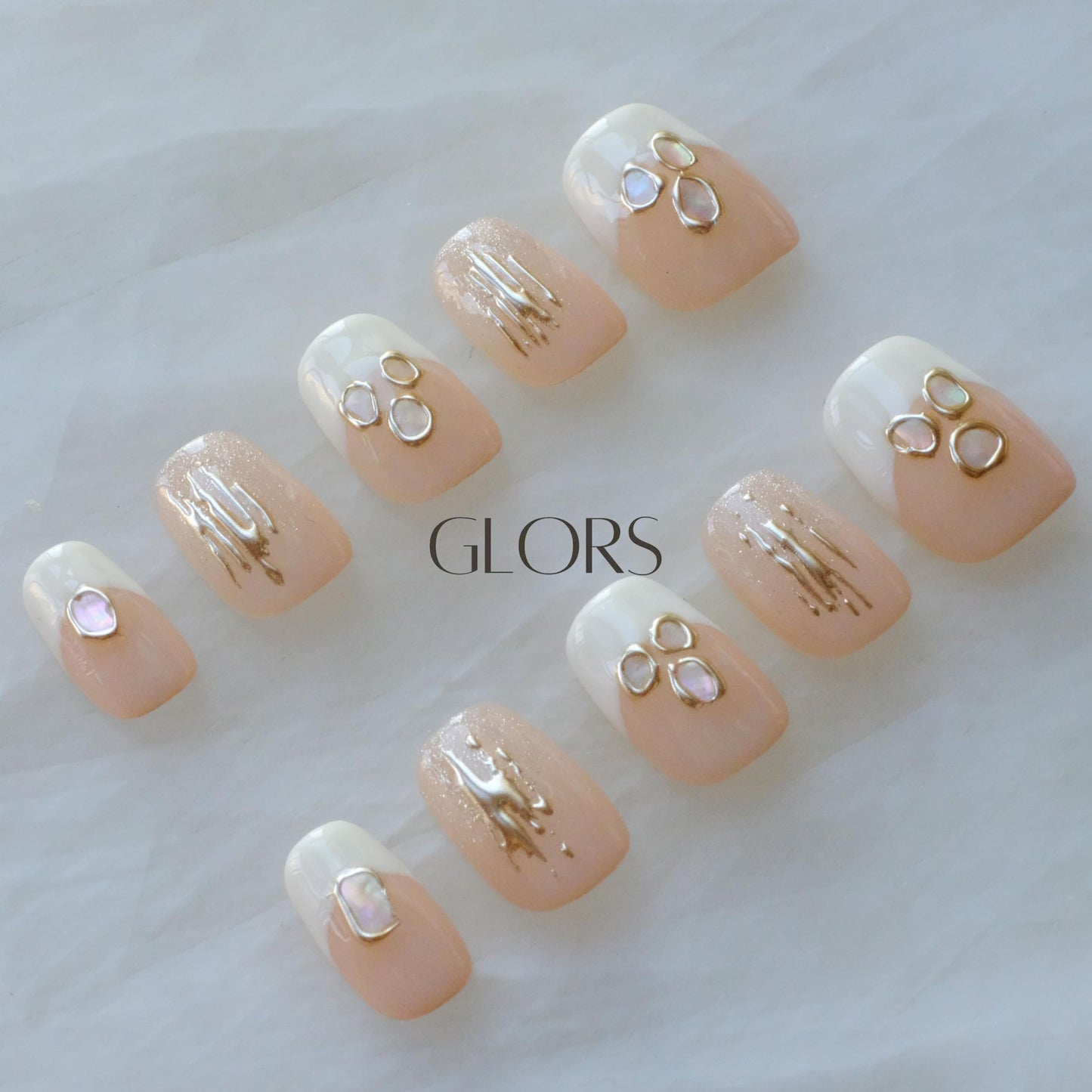 [GLORS] Purely Handmade Press On Nails | Mica Love - Shell Piece Pure and Seductive Nail Art | Salon Quality Fake False Nails in Short Square 10 pieces (XS, SS)