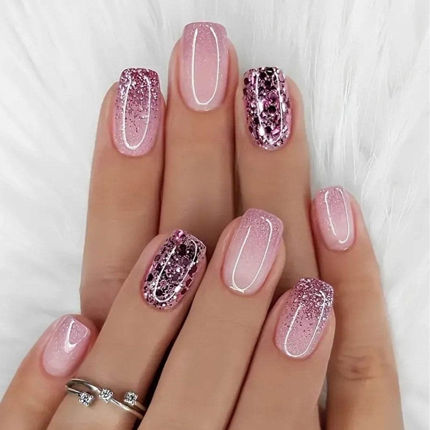 French Tip Press on Nails Short Square Purple Glitter Ombre Fake Nails Press ons Glossy Acrylic Glitter Gradient Glue-on Nails for Women 24 Pcs