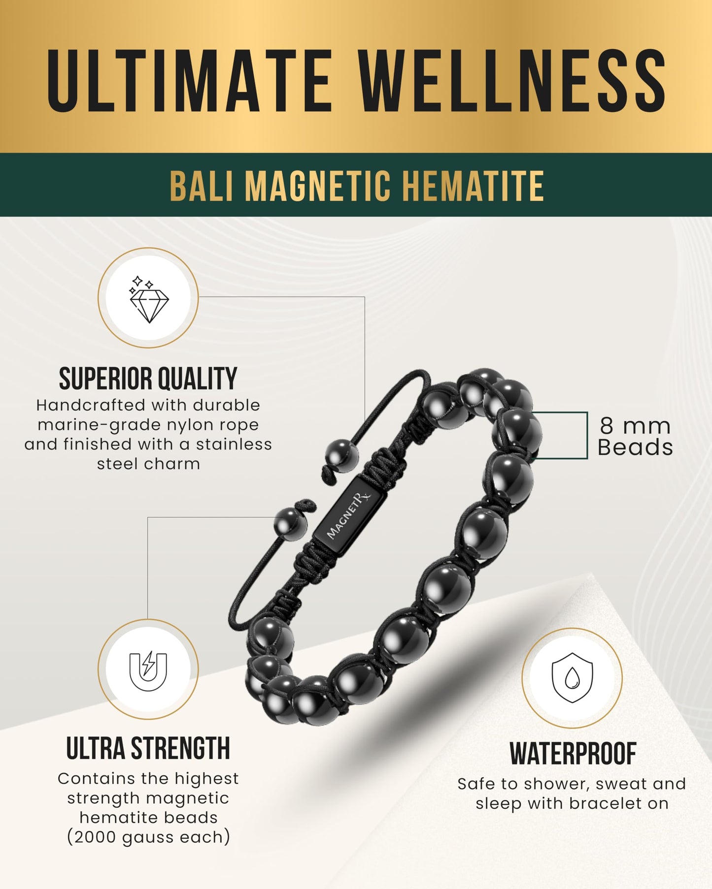 MagnetRX Magnetic Hematite Bracelet - Max Strength Magnet Stones - Magnetic Beaded Bracelets for Men and Women (Bali 8mm Bead)