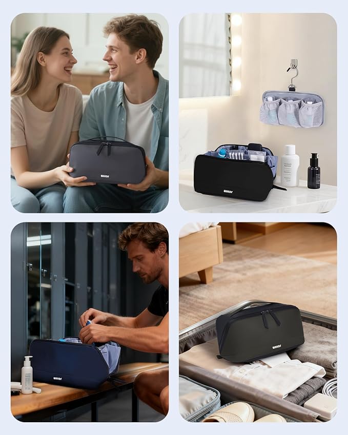 WANDF Toiletry Bag for Men, PU Leather Travel Organizer with Detachable Waterproof Hanging Pouch, Open-Flat Dopp Kit Shaving Bag with Wet Pocket for Travel Toiletries Accessories (Navy Blue)