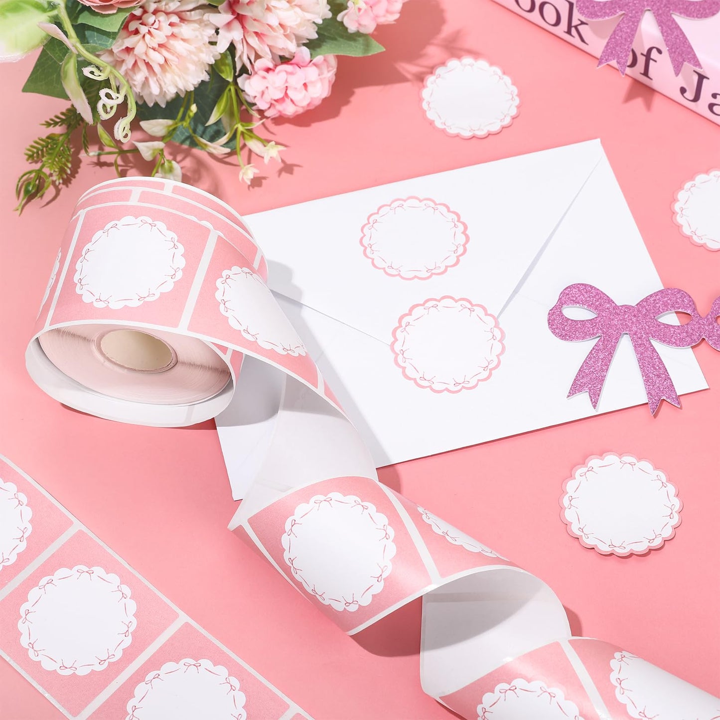 FYSUIMU Pink Bow Direct Thermal Labels Bowknot Coquette Label Stickers Scalloped Self-Adhesive Printer Decals for Mother's Day DIY Name Tag Custom Logo Candle Baking Canning Design, 500 Pcs