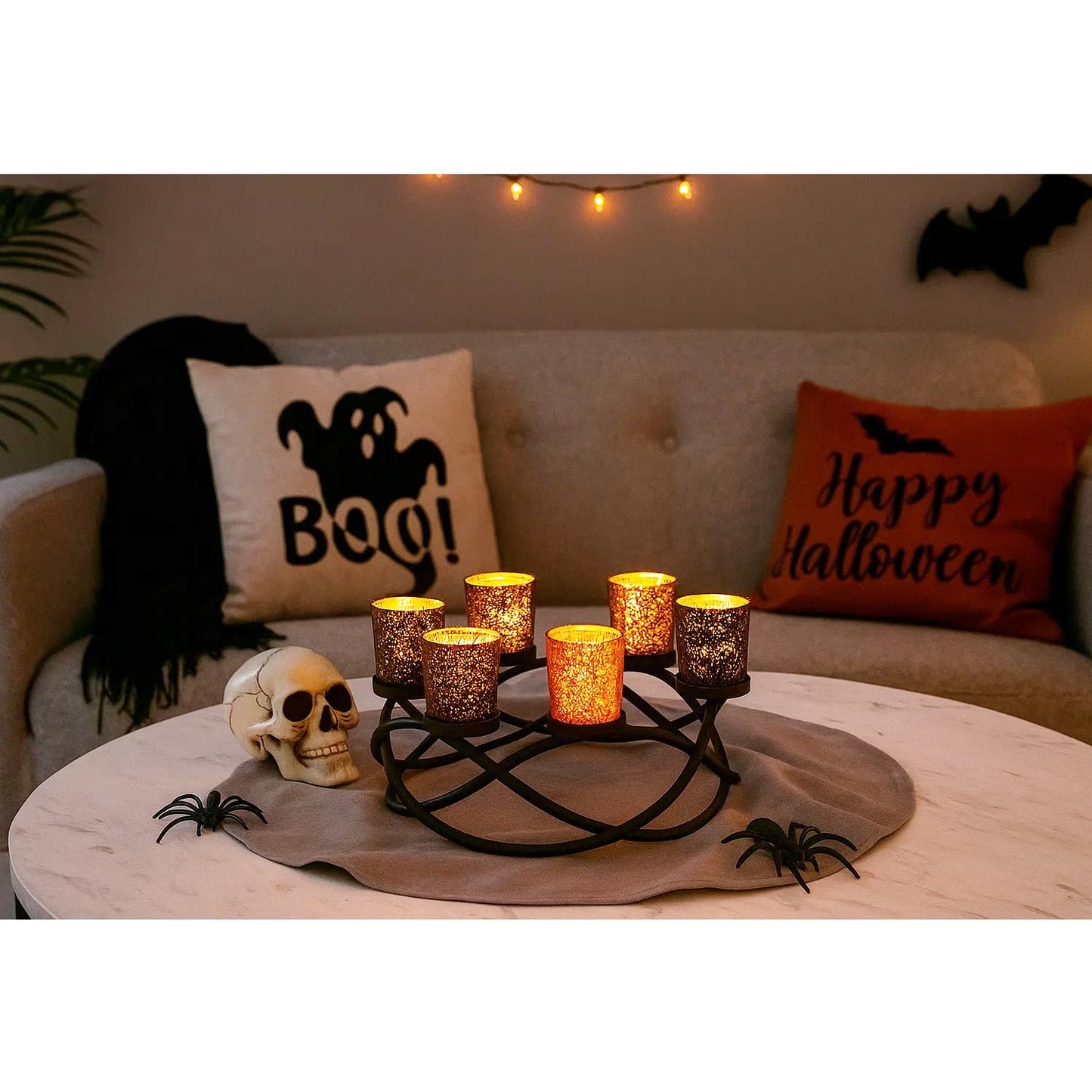 Seraphic Halloween Centerpiece Table Decor Candle Holder for Kitchen, Dining Room, and Coffee Tables, Glass Votive Tealight Holders, Black, 6 Black/Orange Cups