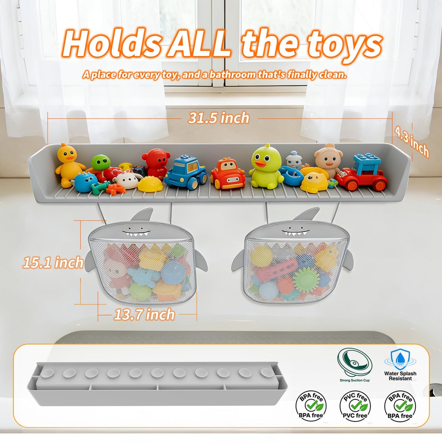 Grihmzo Extra-Long 31.5 Inch Bathtub Splash Guard for Kids,2 Storage Pockets Large Capacity Bath Toy Caddy Holder,Silicone Water Shield Prevent Bathroom Spills