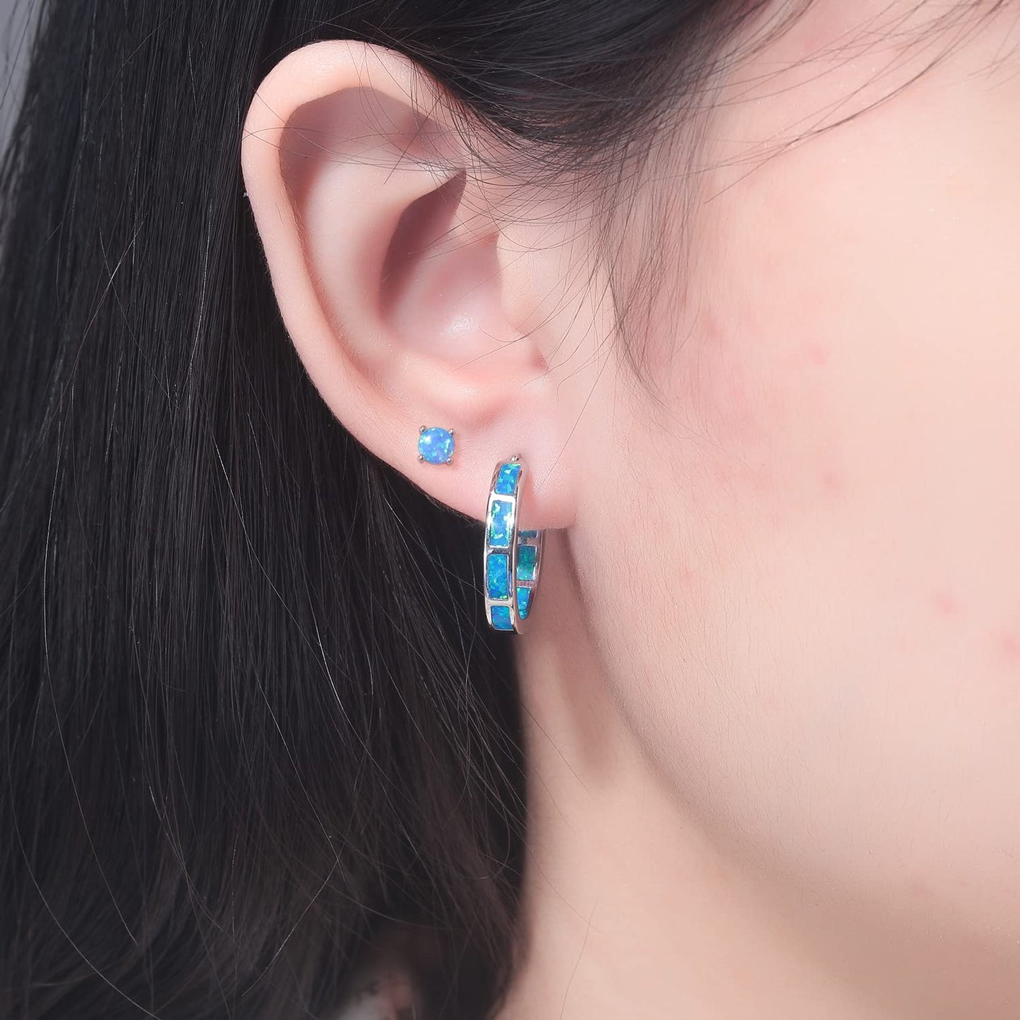 CiNily 2 Pairs Hoop Earring Set for Women Blue Opal Small Hoop Earring Silver Plated Hypoallergenic Opal Stud Earrings