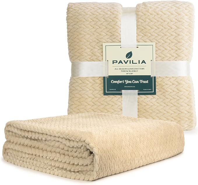 PAVILIA Soft Fleece Ivory Cream Throw Blanket for Couch, Lightweight Plush Warm Blankets for Bed, Fuzzy Cozy Flannel Blanket Throw for Sofa, Travel, Jacquard Pattern, Ivory/Cream, Twin, 60x80 inch