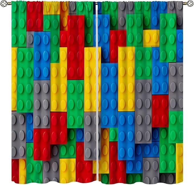 Kids Building Blocks Toy Curtains for Kids Room W84 x L84 Inch Rod Pocket Contour Plastic Colorful Toy Bricks Geometric Print Pattern Curtains for Boys Girls Bedroom 2 Panels