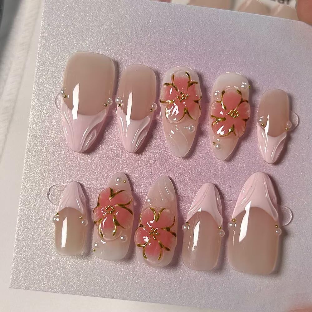 Handmade 10 Pcs Almond Press On Nails，French Pink Gel Fake Nails, Long Lasting Reusable False Nails for Women, Easy Application Salon Manicure Designs (Size S)