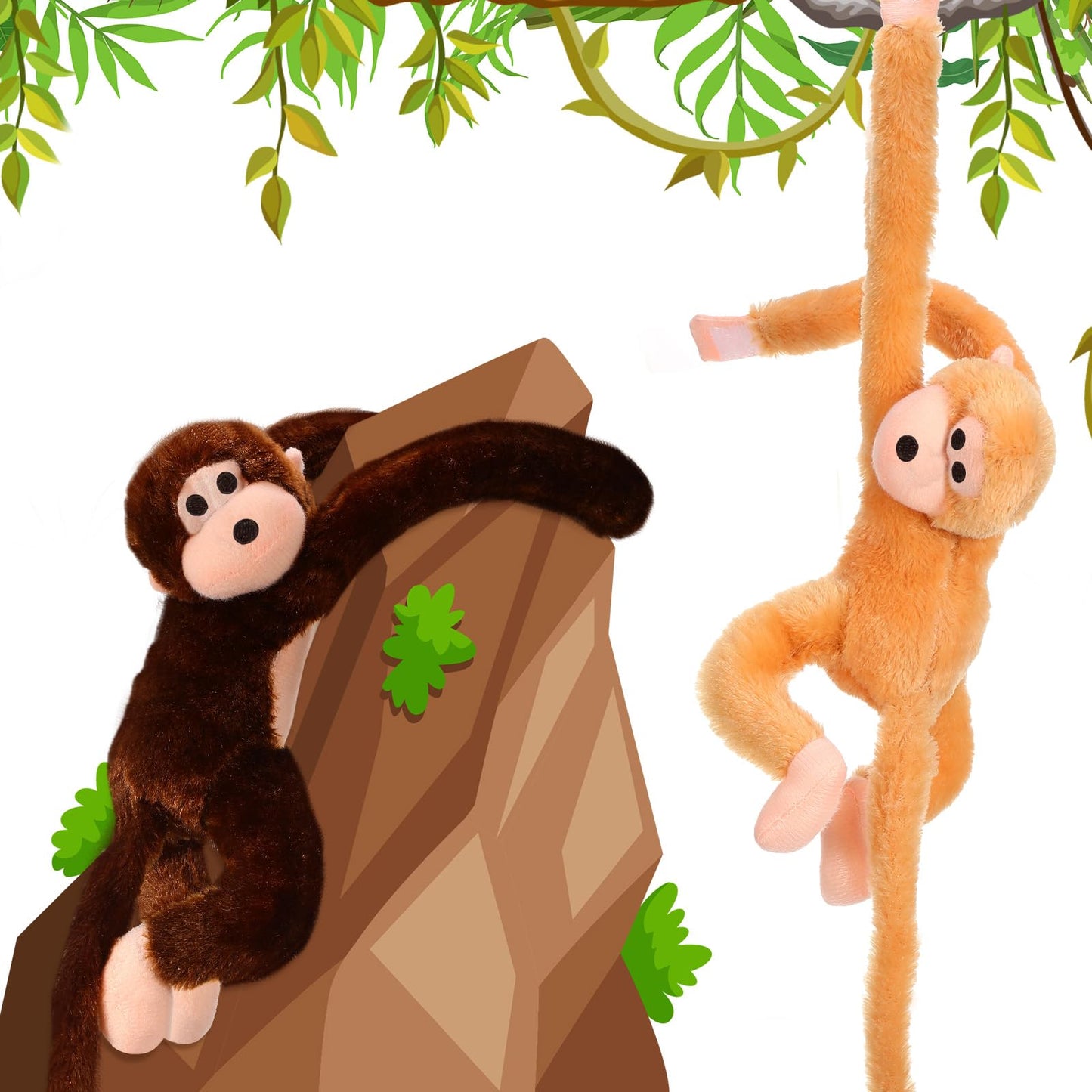 Chivao 2 Pcs Hanging Monkey Stuffed Animal, Hanging Monkey Plush with Hook and Loop Fasteners Hands Stuffed Toy for Birthday Party Favors Decorations, Brown and Khaki(28 Inch)