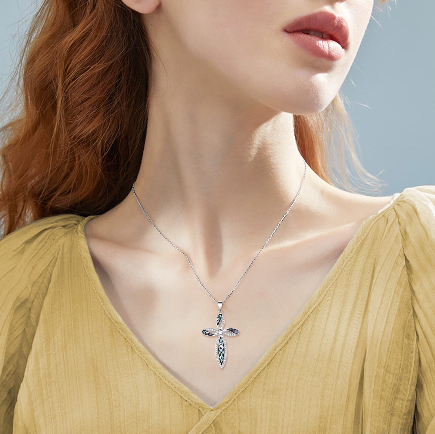 ONEFINITY Religious Cross Pendant Necklace 925 Sterling Silver Abalone Shell Cross Pendant Gifts for Women Jewellery
