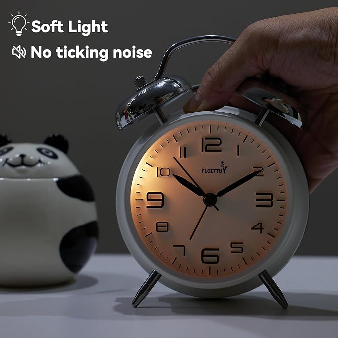 FLOITTUY (Loud Alarm for Deep Sleepers 4'' Twin Bell Alarm Clock, Stereo Digital Dial Alarm Clock with Backlight for Bedroom and Home Decoration(Aurora White)