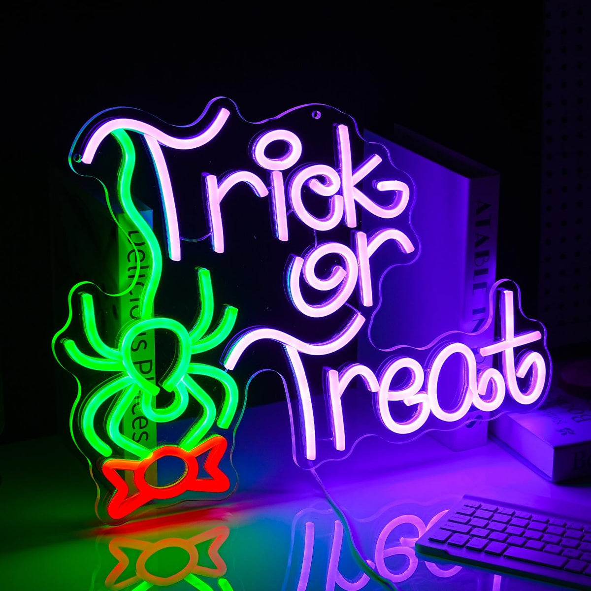Trick Or Treat Neon Sign Funny Spider Candy LED Neon Light for Wall Decor Dimmable USB Halloween Light Up Sign for Halloween Party Home Neon Decor (16.7 * 12.8In)