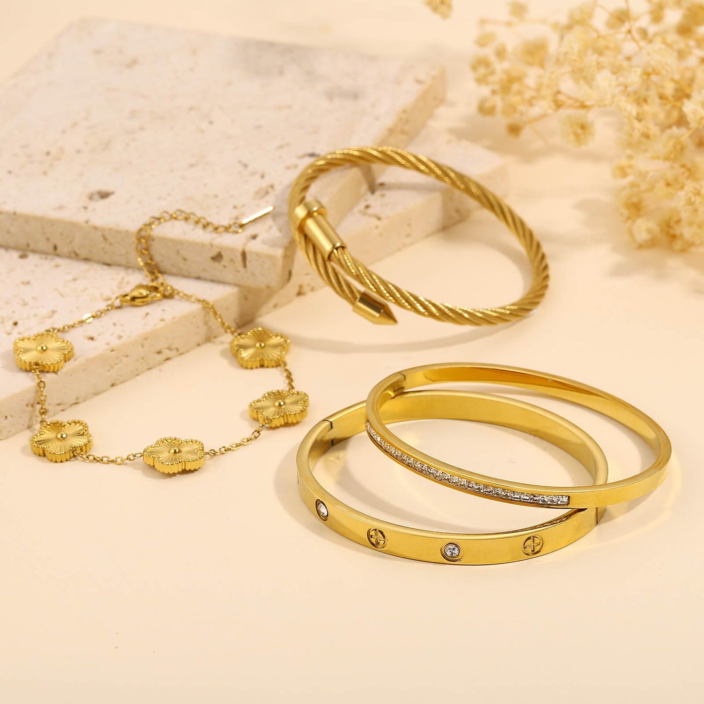 ISELBDR 18K Gold Bracelets for Women - Stackable Clover & Nail Love Bangle Set - Non-Tarnish Stainless Steel Jewelry for Valentine's, Mother's Day & Christmas (Gold-2)