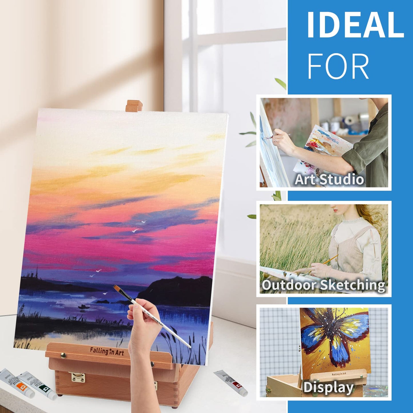 Falling in Art Wooden Tabletop Easel, Beech Wood Sketchbox Desktop Easel for Painting, Portable Art Drawing Easel for Beginners and Professionals