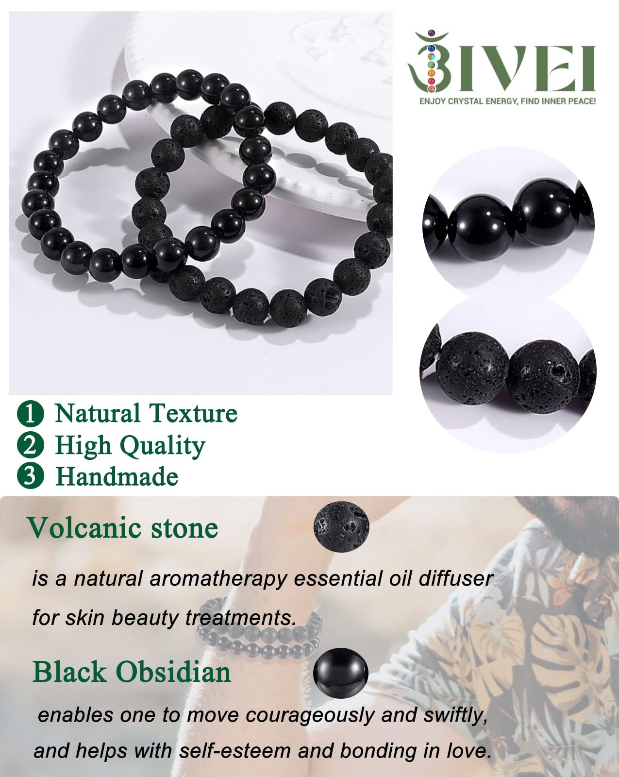 Bivei Natural Gemstone Semi Precious Crystals Handmade Stretchy Round Beads Bracelet, Enhance Positive Energy,Stocking Stuffers for Women(Lava Stone & Black Obsidian (Protection) Medium)