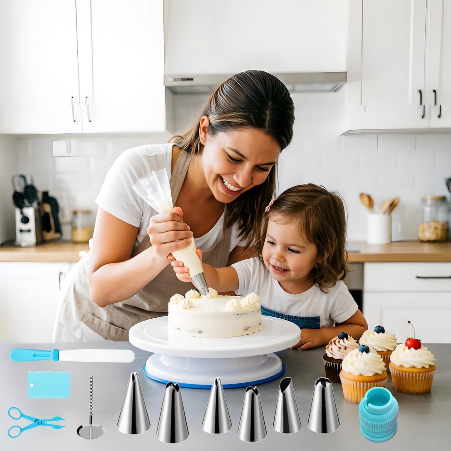 ANSLYQA Cake Decorating Kit, 193 Pcs with Cake Turntable, Leveler, 24 Numbered Icing Tips, 2 Spatulas, 2 Couplers, 3 Scrapers, 50 Pastry Bags, 50 Paper Cupcake Liners & More Baking Tools, (Blue)
