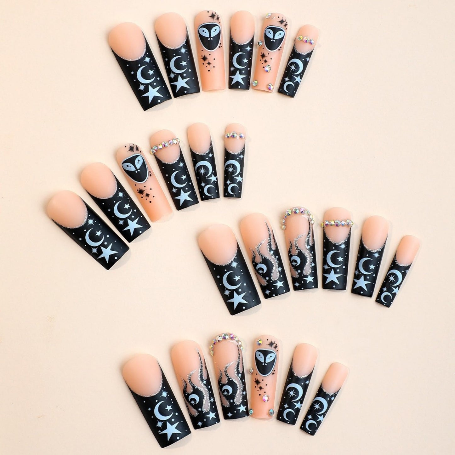 Halloween Press on Nails Extra Long Square Black French Stick on Nail 24pcs