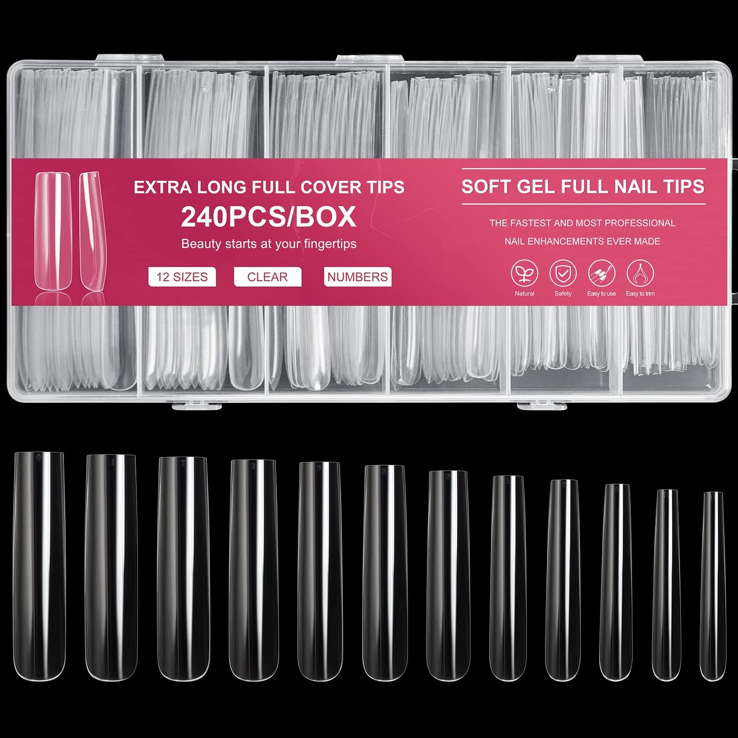 AORAEM XXL Square Clear Fake Nails 240PCS 4.5cm Long Straight Tapered Nails Half Matte Design Extra Long Acrylic Nail Tips with Case for Home DIY Nail Salons