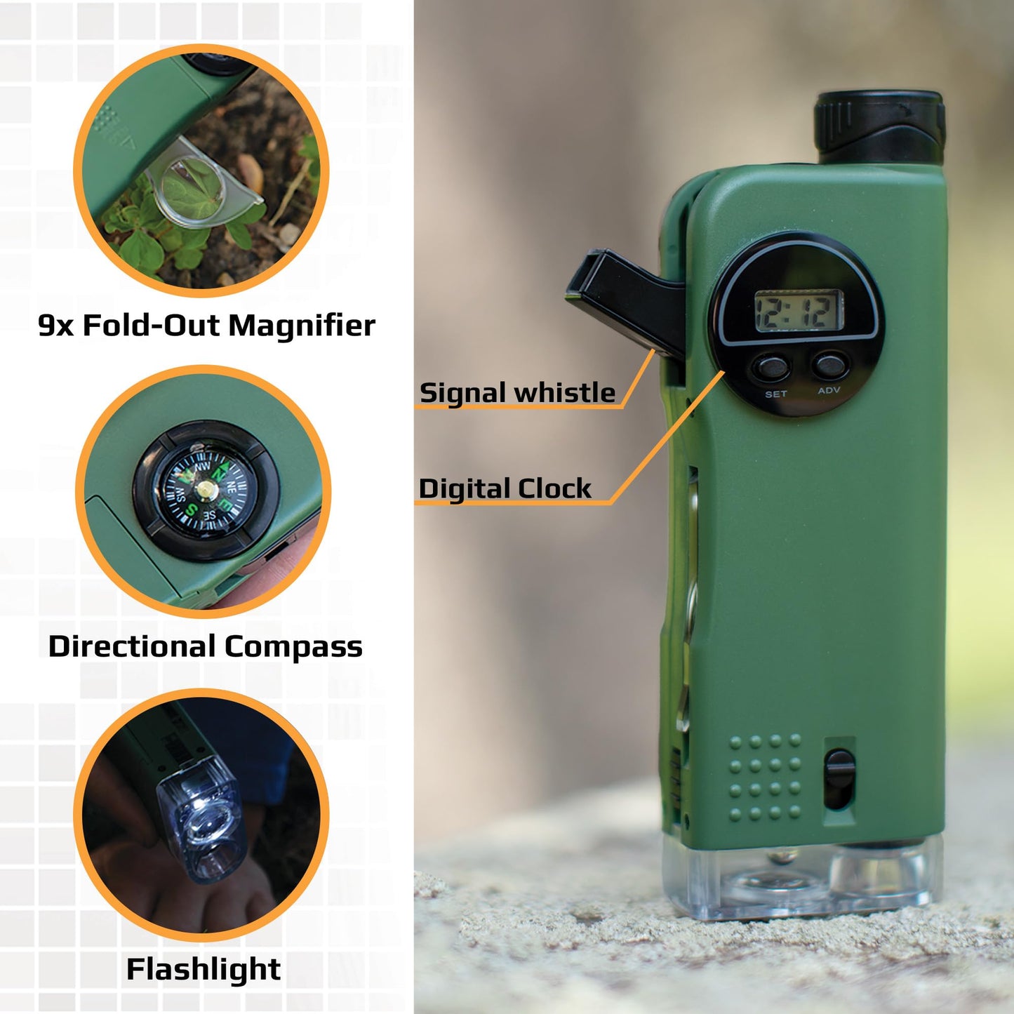 Carson X-Scope Kids 7 Function Multi Purpose Optical Pocket Tool with 30x Microscope, 8x Telescope, 9x Fold-Out Magnifier, Flashlight, Signal Whistle, Directional Compass and Digital Clock (CP-11)