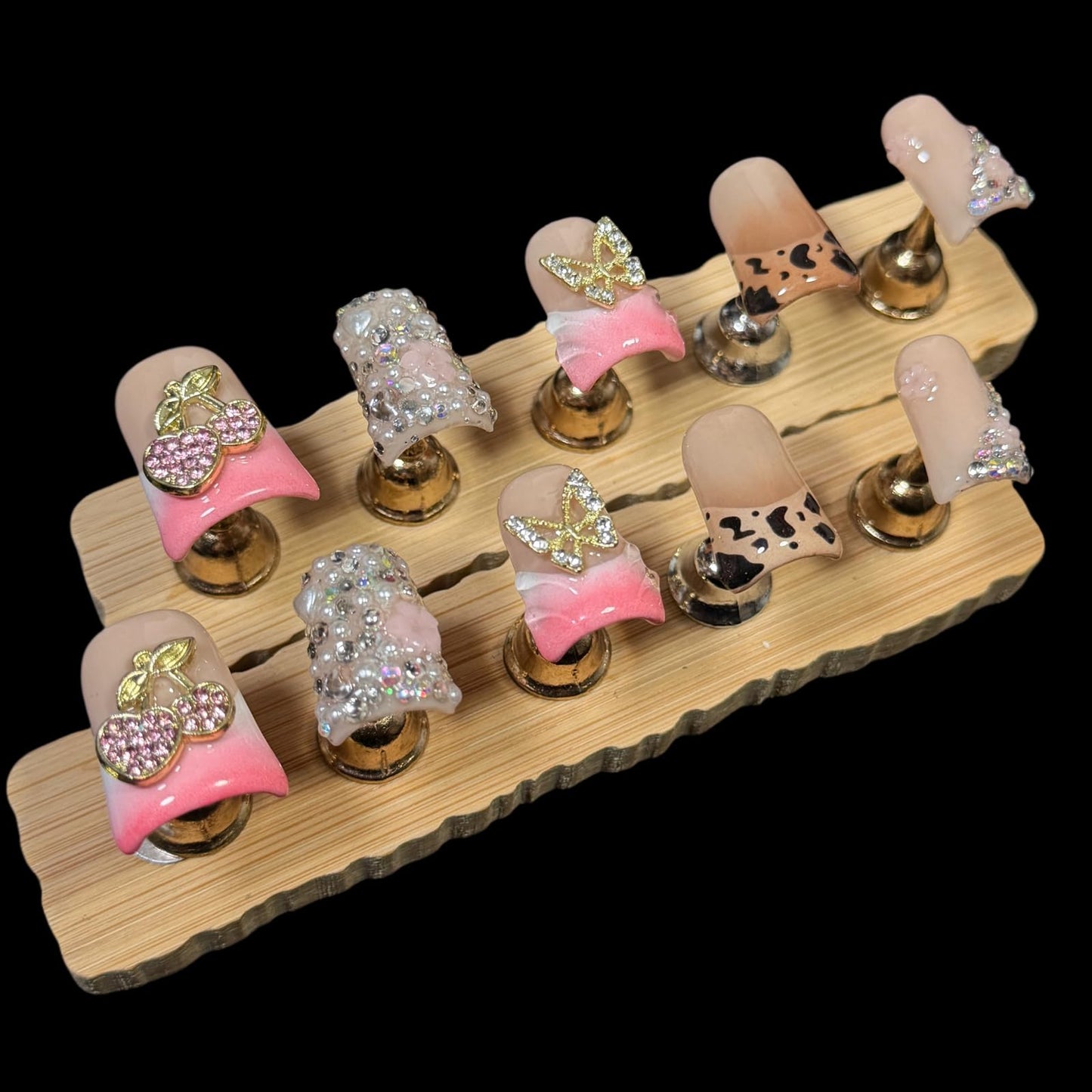 Handmade Press on Nails Short Duck Shape - Leopard Print & Full Diamond Cherry Design, Pink Acrylic Reusable False Nails with Gold Leaves & Butterfly, Unique 3D Nail Art Set (Jewel Orchard, M)