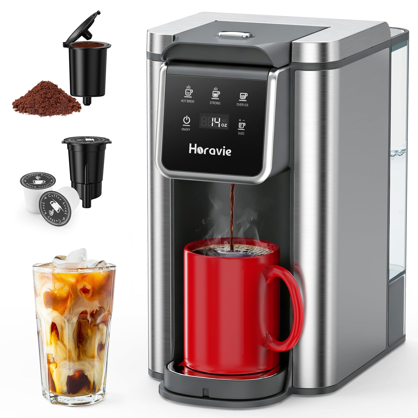 Single Serve Coffee Maker for K-Cup Pod and Grounds, Hot and Iced Coffee Maker, Stainless Steel Coffee Maker, Strong Button Feature, 6 to 14oz Brew Sizes, 50oz Removable Tank, Up to 6.5 Inch Cup, Grey