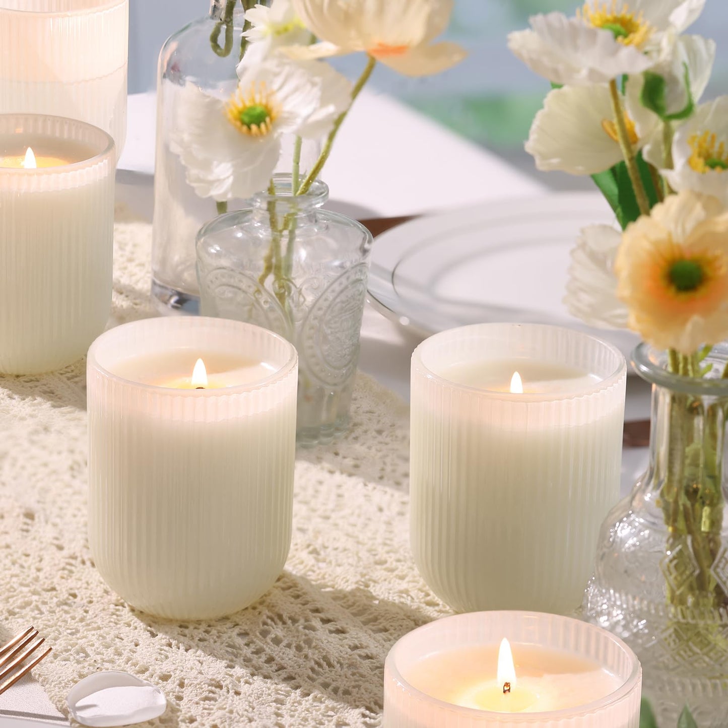 REISEN 12PCS Milky White Ribbed Candle Jars for Making Candles, 8.5 OZ Empty Glass Candle Making Jars with Bamboo Lids, Candle Wick Kit and Sticky Warning Labels, Candle Vessels for Candle Making