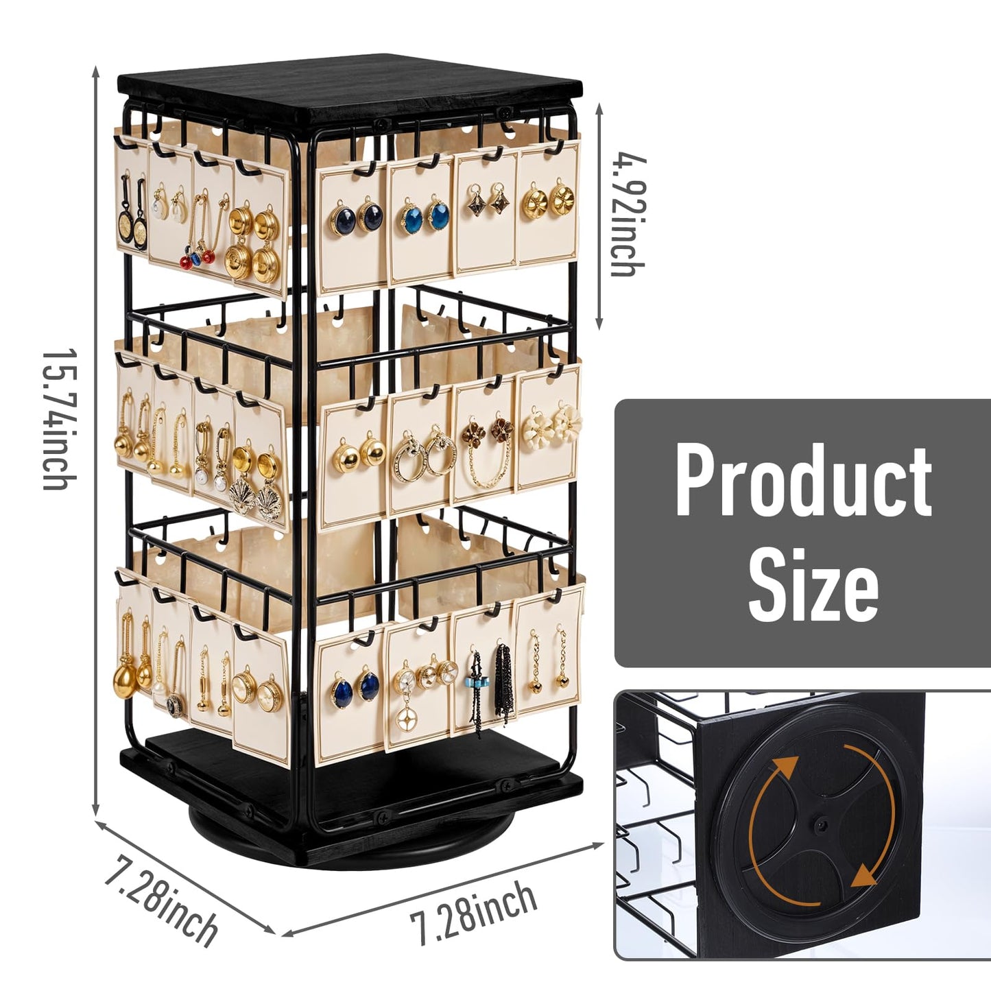 360 Rotating Earring Display Holder Stand for Vendors Events Selling, Large Capacity 48 Hooks Jewelry Display Rack with Wooden Base for Earring Card Sales, Necklaces, Enhances Retail Visibility