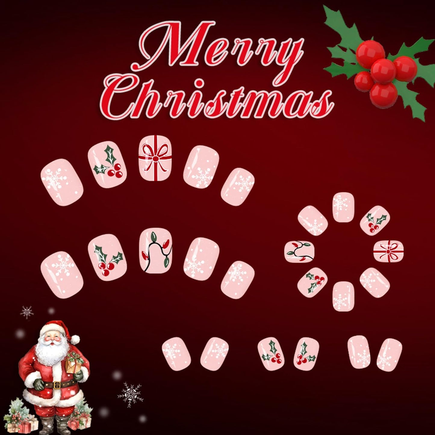 Christmas Press on Nails Winter Snowflake Fake Nails Short Square Xmas False Nail Glossy Reusable Artificial Stick on Nail for Women DIY Manicure 24 Pcs