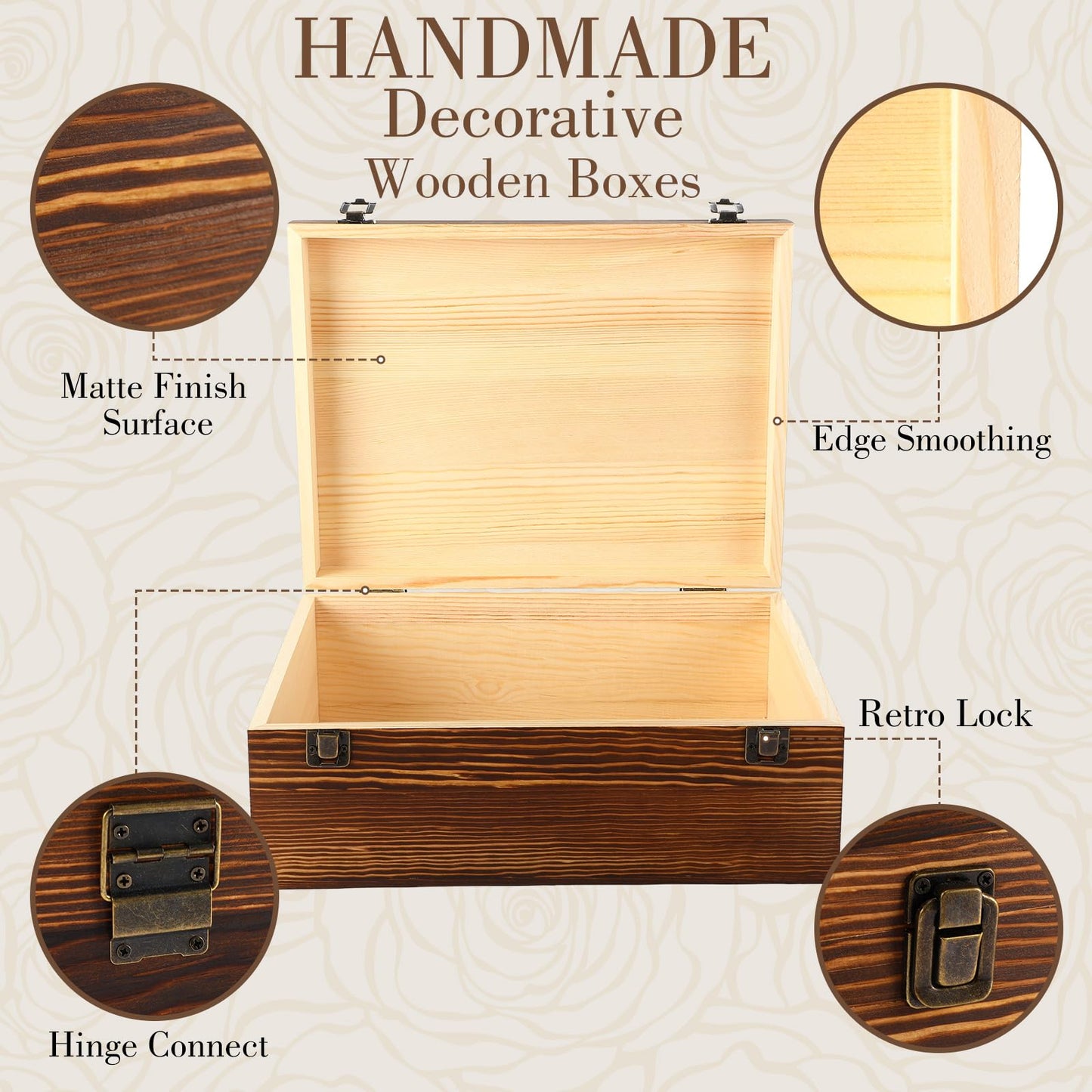 Barydat Extra Large Wooden Memory Box with Hinged Lid for Keepsakes Unfinished Pine DIY Craft Stash Wooden Box for Arts Gift and Storage Decorative