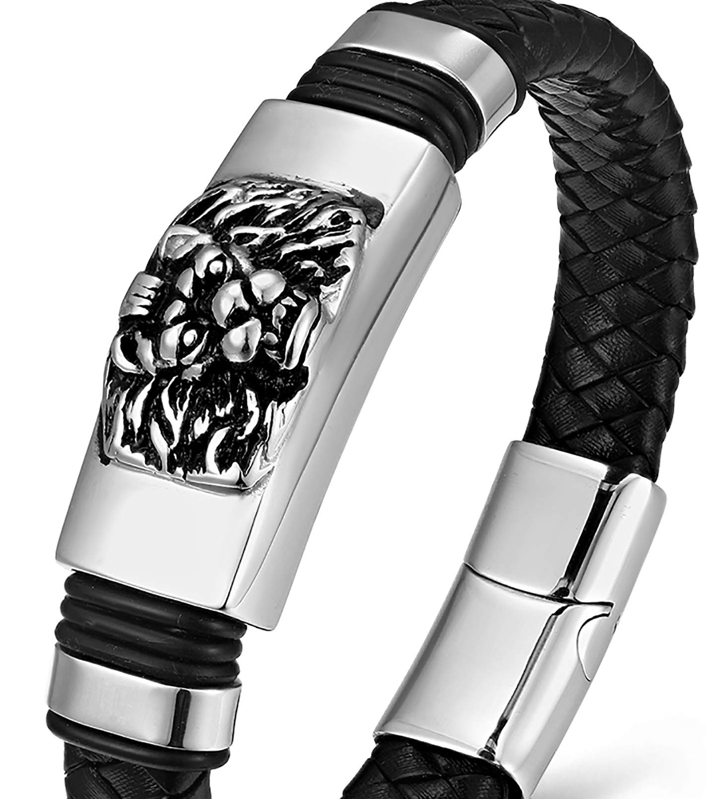 BIYONGDE Mens Womens Black Braided Leather Bracelet, Vintage Stainless Steel King Lion Head ID Identification