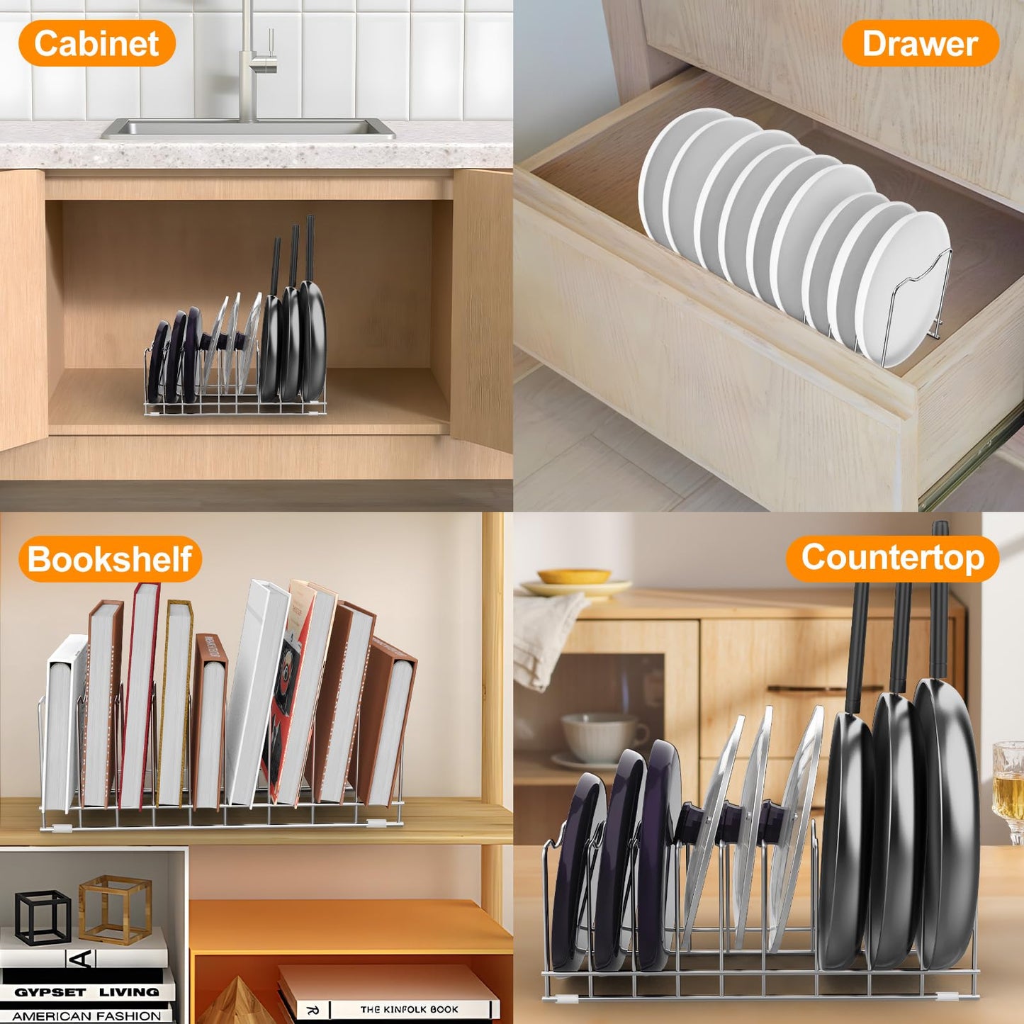 FLSEPAMB Lid Organizer Pot Lid Organizer 10-Tier Pot Lid Rack Holder Suitable for Bakeware Dish Plate, Cutting Boards, Pots & Pans, Serving Trays, Reusable Containers in Cabinet Pantry (1 Pack)