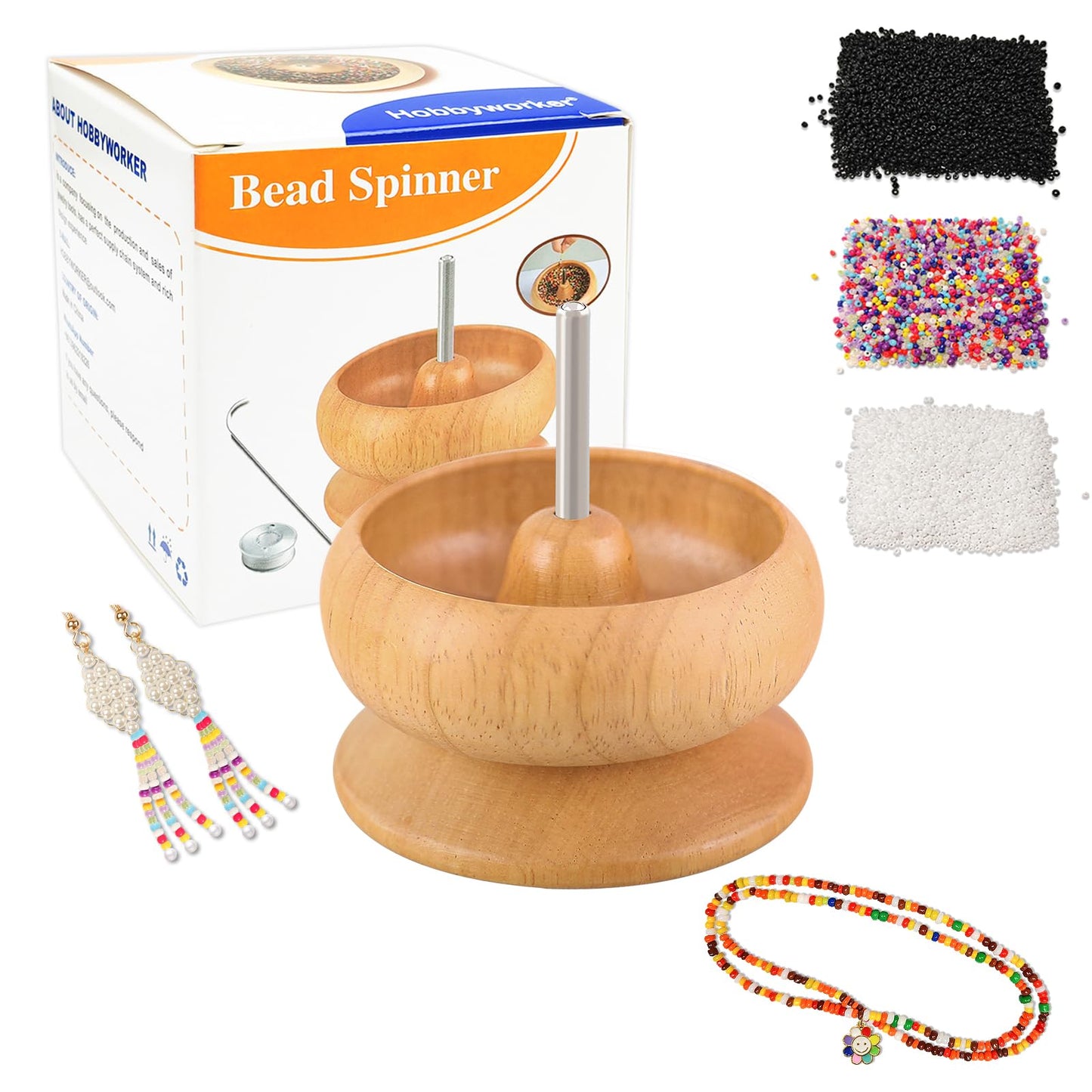 hobbyworker Upgrade Wooden Bead Spinner with 2 Pcs Big Needles,8000 Pcs Seed Beads and 1 Surprise Gift Pack for Jewelry Making Tools,Quickly Stringing Beads Tool, Manual Operated