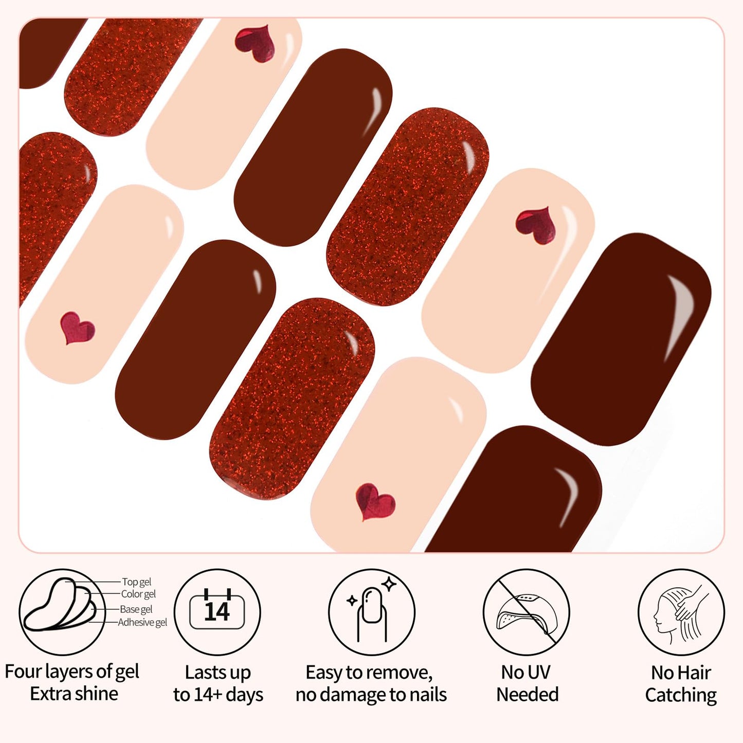 Semi Cured Gel Nail Strips - Dark Brown Heart Pink-Stylish Nail Wraps, No UV Light Needed, Effortless Application & Removal, Salon Quality, Includes 16 Wraps, 1 Prep Pad, Wooden Stick & Nail File