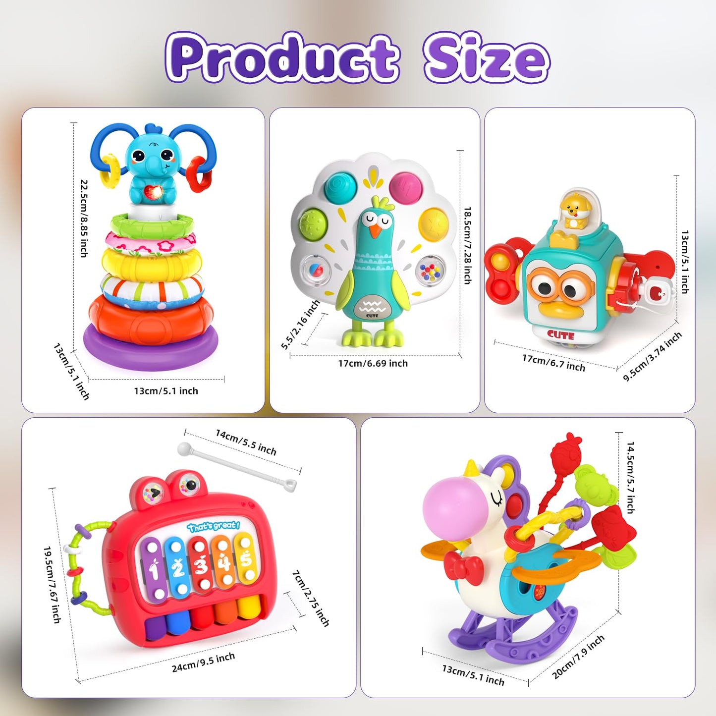 usrela 5 in 1 Baby Toys for 9 12 18 Month, Learning Toy for Babies 6-12 Months, Baby Busy Cube, Stacking&Sensory, Pull String&Piano Xylophone Toy, Birthday Gift for 7 8 9 Month