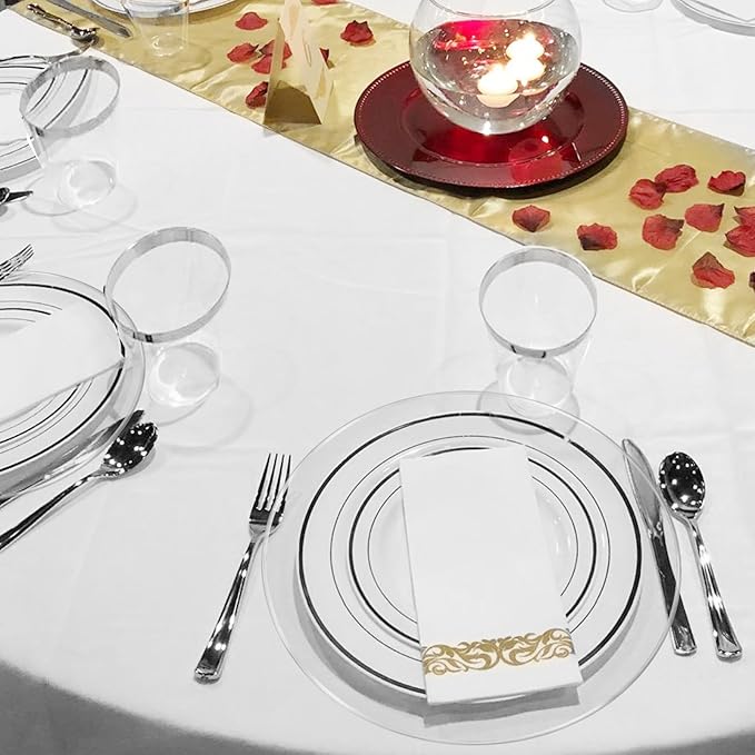 13 Inch Charger Plates, 16 Pack, Clear Charger Plates with Silver Rim, Heavy Duty Disposable Plastic Chargers for Dinner, Elegant Dining, Wedding, Party, Formal Event Decoration(16,Silver)