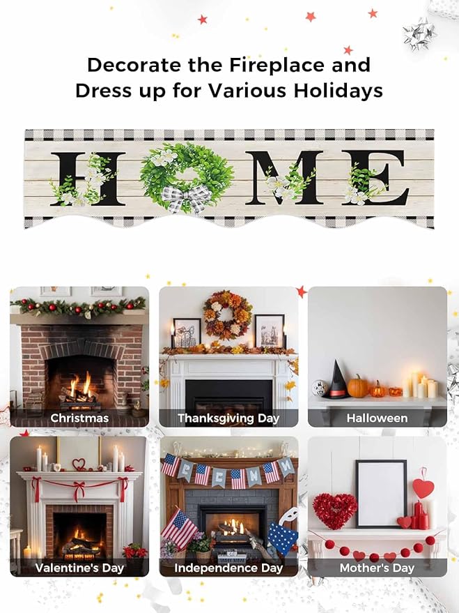 Rustic Home Fireplace Mantel Scarf Table Runner,Eucalyptus Leaves Floral Wooden Buffalo Plaid Winter Garland Mantel Top Tablerunners Dresser Scarves Cover for Windows Party Living Room 90"x17"
