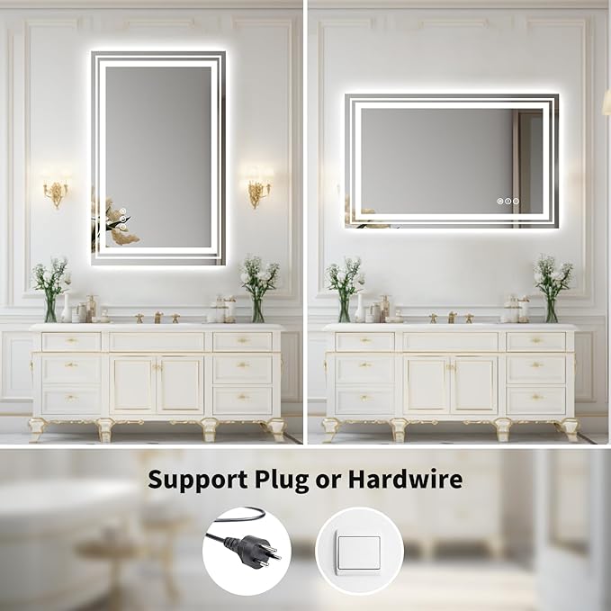 WTTY LED Bathroom Mirror 48"x32" with Back and Front Light,Modern LED Mirror for Bathroom,Dimmable Lighted Bathroom Vanity Mirror with Anti-Fog,Memory Function,Shatter-Proof,Wall Mounted