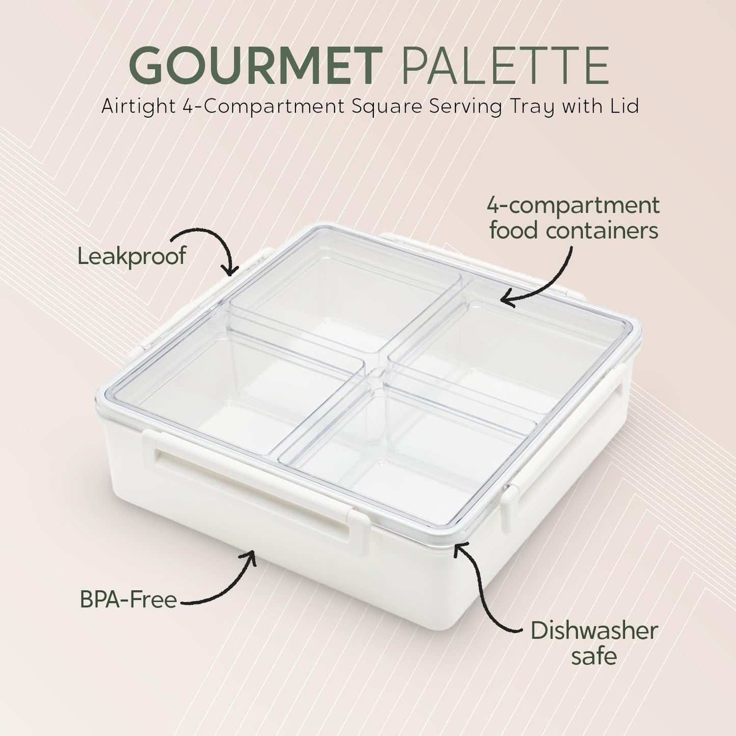 Lustroware Gourmet Palette Airtight 4-Compartment Square Serving Tray with Lid – Portable Snackle Platter & Charcuterie Organizer Box with Removable Dividers for Fruit, Vegetables, Snacks, Appetizers