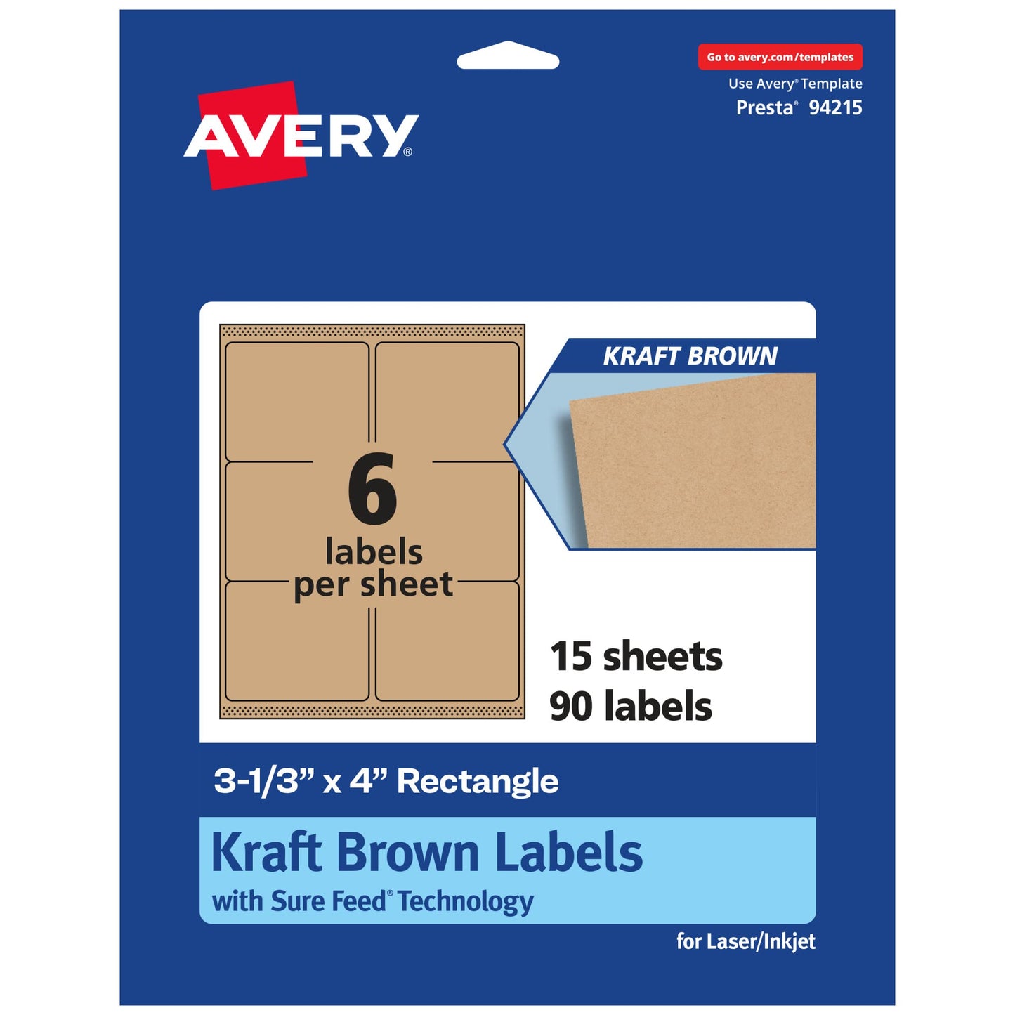 Avery Kraft Brown Rectangle Labels, Sure Feed Technology, 3-1/3" x 4", 90 Kraft Brown Labels, Laser/Inkjet Printable